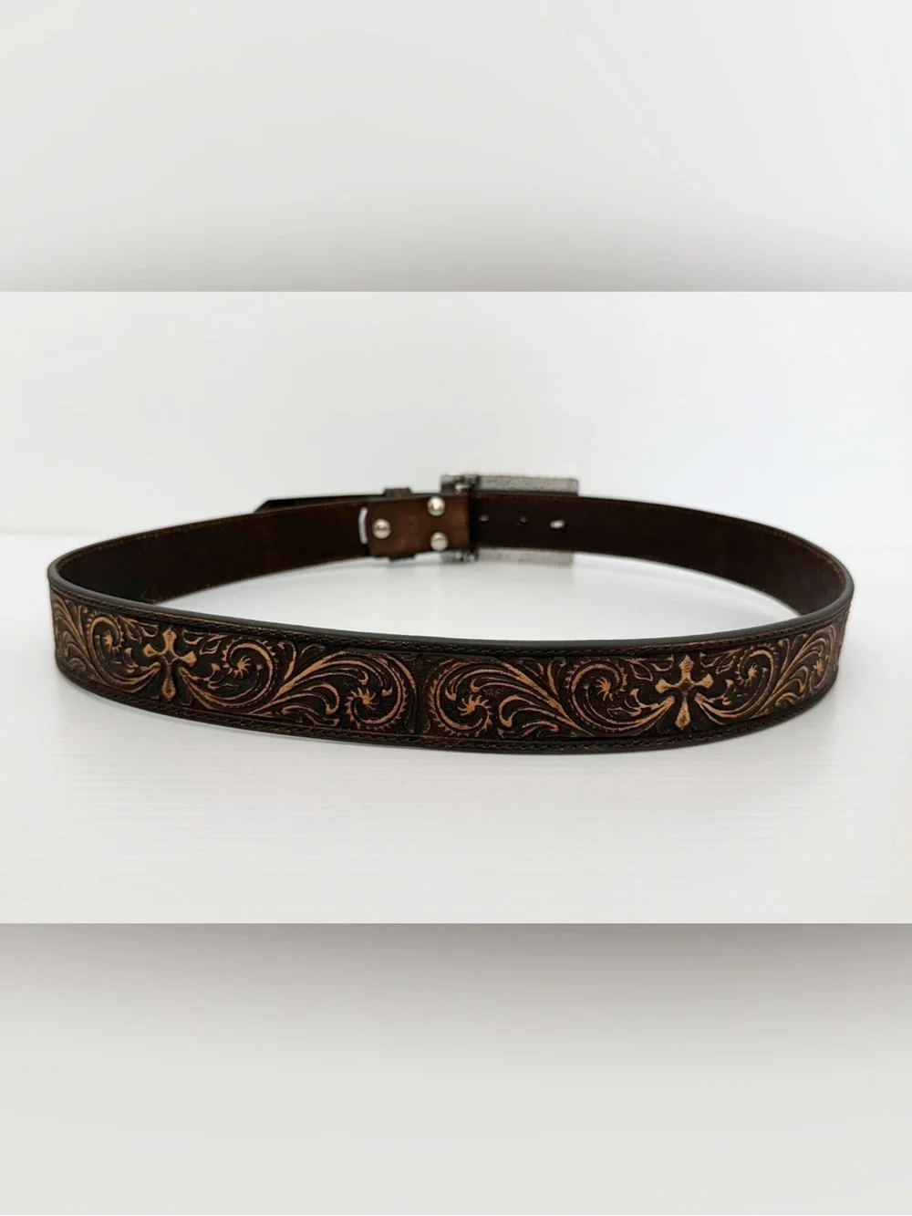 Nocona Leather Women's Nocona Distressed Scroll Triquoise Cross Buckle Belt - L